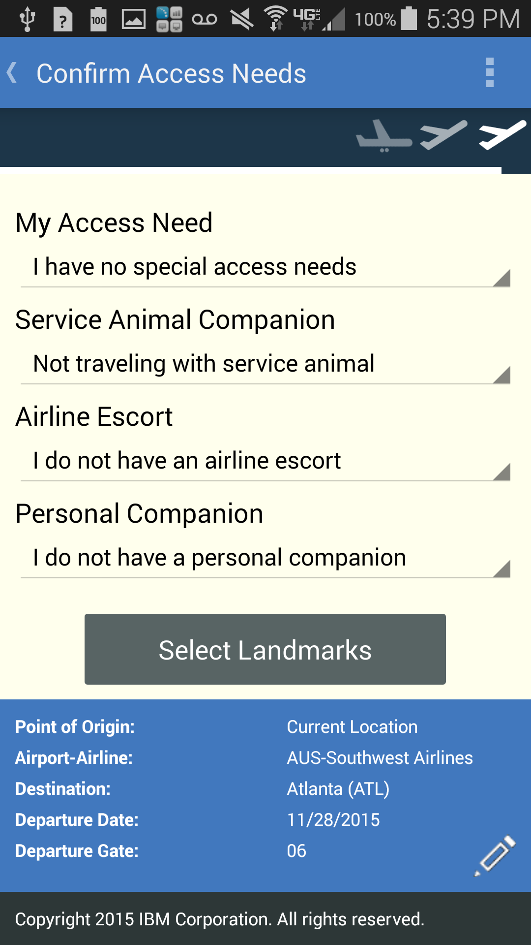 Screenshot of access needs screen from IBM Accessible Airport App