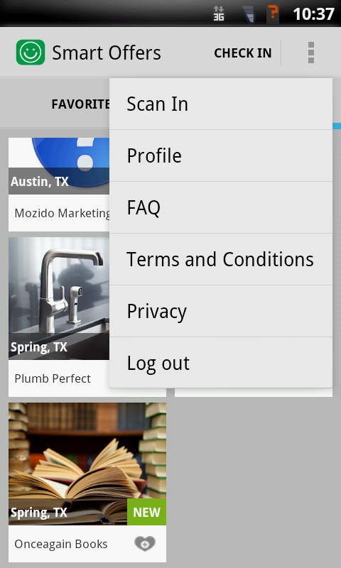 Screenshot of main options from Mozido Smart Offers App